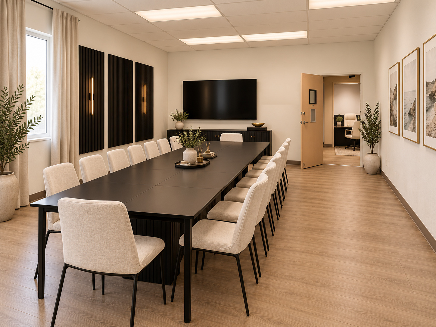 The Social Suite meeting room with a long conference table, upholstered chairs and a gold The Social Suite sign on the wall